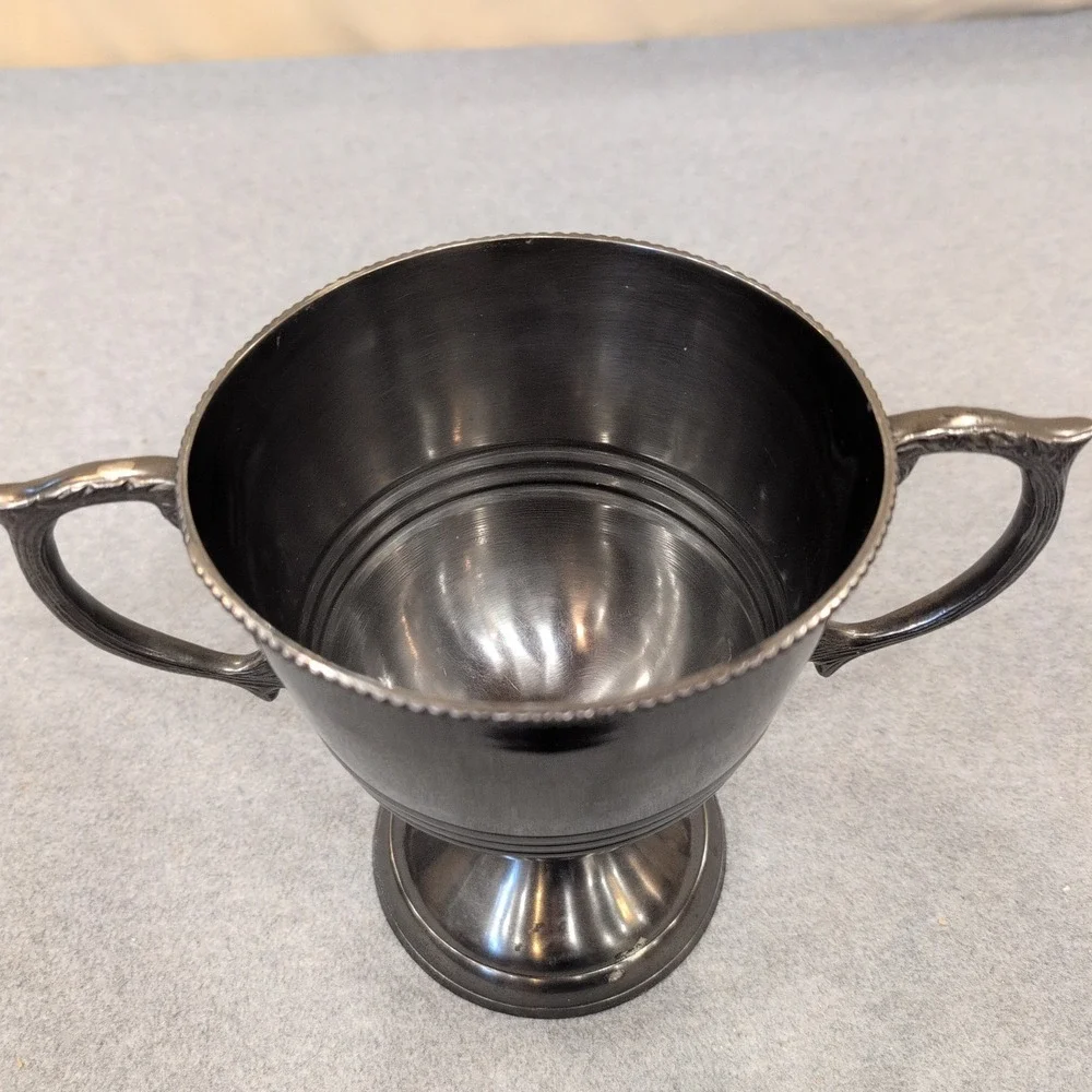 Vintage Silver Tone Loving Cup Trophy Ornate Handles Beaded Rim Pedestal Base - Picture 2 of 9